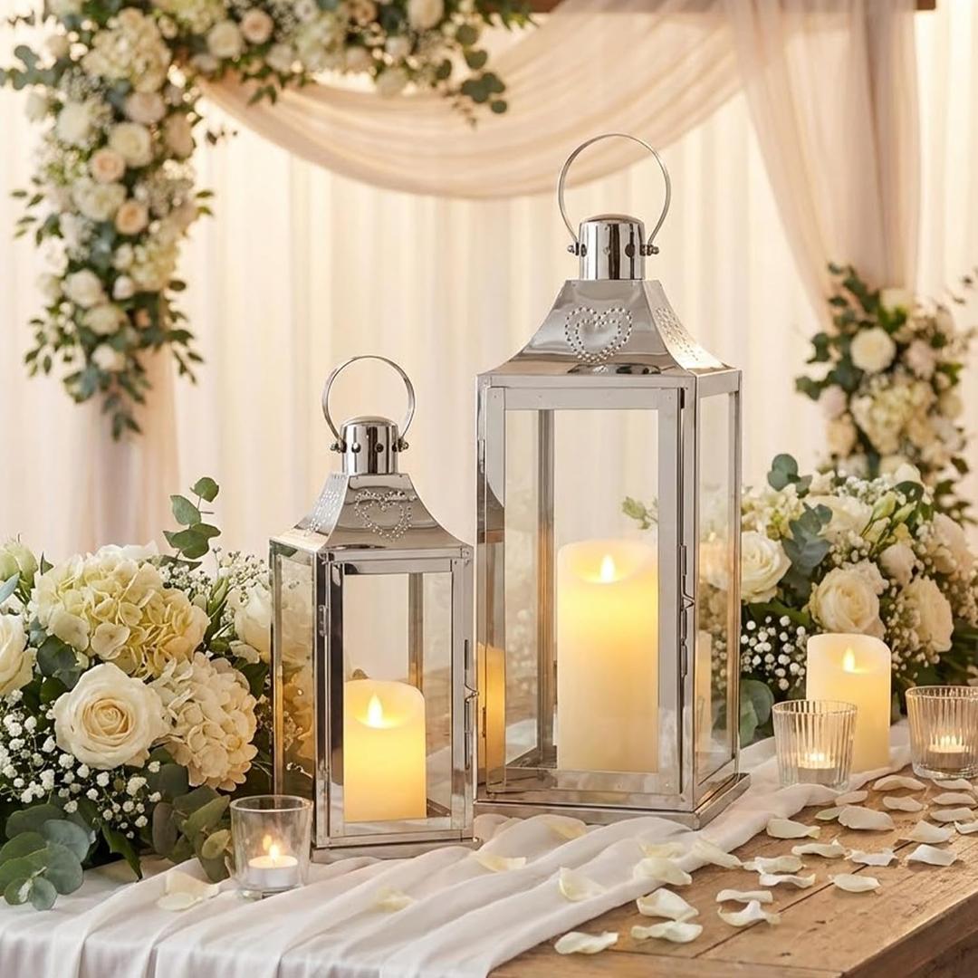 TRIROCKS Set of 2 Stainless Steel Lanterns 17"&12" H Decorative Outdoor Lantern Candle Holder with Tempered Glass for Living Room Wedding Parties Gifts Indoors Outdoors(Silver)