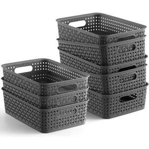 NETANY Plastic Storage Baskets - 8 Pack, Gray, Durable, Easy to Use, Flexible, Multi-Purpose, Ideal for Closets, Cabinets, Shelves, Countertops
