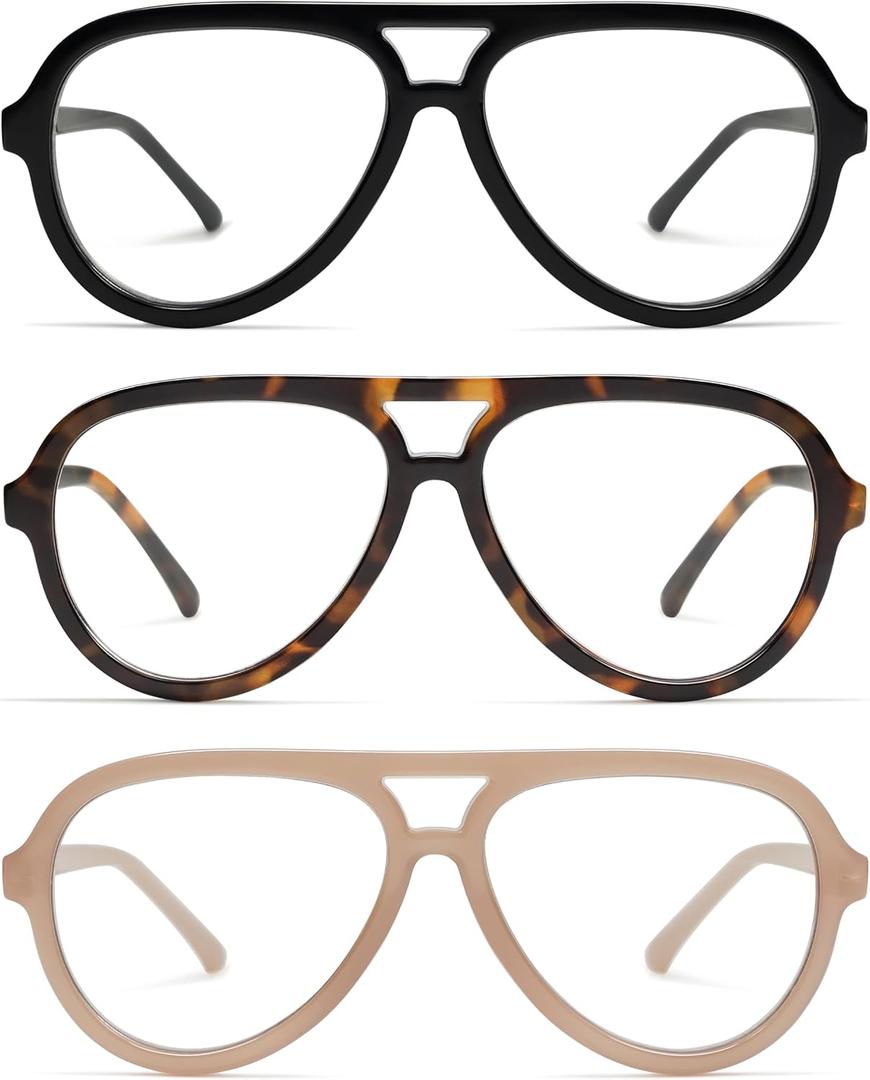 AMOMOMA 3 Pack Retro Oversized Aviator Reading Glasses for Women Men,Classic Large Reader Blue Light Computer Frame AM6111