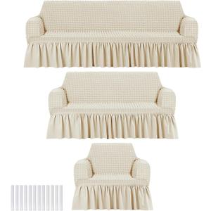 Fanfanwin 3 Pcs Sofa Slipcover Set for Couch Cushion Durable Washable High Elastic Stretchable Furniture Couch Covers with Skirt for Sofa Loveseat Arm Chair(Beige,Seersucker)