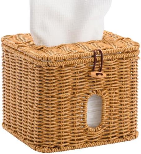 Hordely Facial Clean Skin Club Face Towels Holder for Bathroom, Plastic Rattan Disposable Face Towel Holder, Farmhouse Style for 50 XL Face Towels Box Basket with Lid, Light Brown