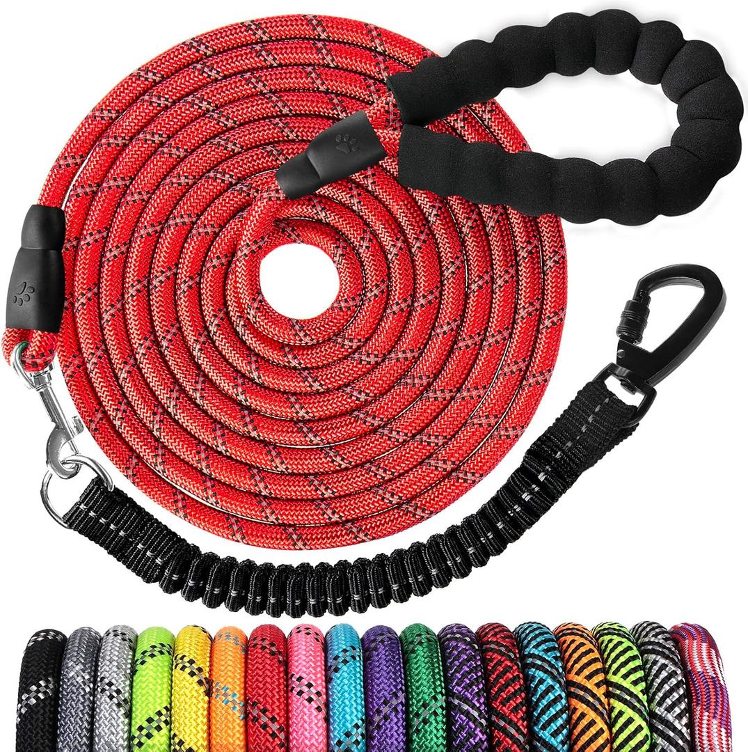 Long Dog Leash 15 FT: Heavy Duty Rope Leashes for Dogs Training with Swivel Lockable Hook Reflective Threads Bungee and Padded Handle - Dog Lead for Large Small Medium Dogs Outside Walking Hiking Red