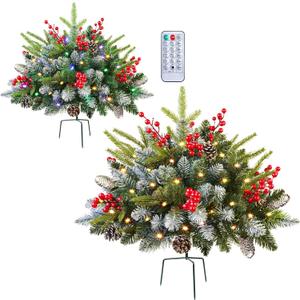 Set of 2 18 Inch Lighted Outdoor Christmas Tree with Remote, Timer, Multi-Color Lights, Battery Operated Pre-lit Frosted Pathway Artificial Urn Filler, Christmas Porch Decorations for Home Porch Yard