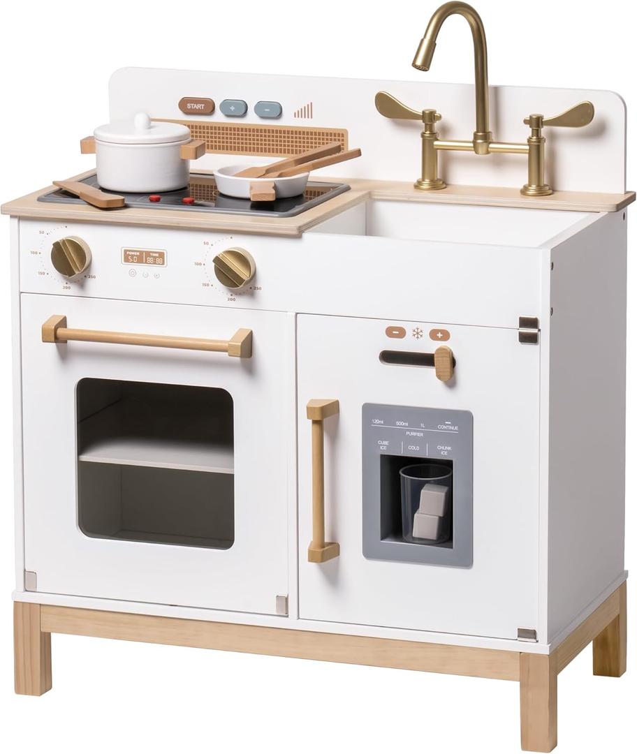 ROBOTIME Play Kitchen for Toddlers, Wooden Kids Play Kitchen Playset with Real Lights & Sounds/Ice Cube Dispenser, Pretend Play Montessori Toy Kitchen, Gift for Ages 3+ (White)