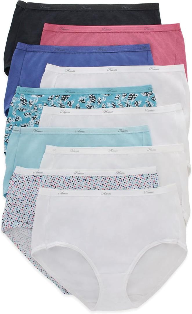 Hanes Women's Cotton Brief Value Pack, 10-Pack, Assorted Brief Underwear (Colors May Vary) (6, Solid/Print Mix)