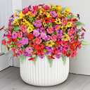 Artificial Faux Plants Flowers Outdoor Decoration,16 Bundles Fake Silk Colorful Daisy Eucalyptus Realistic UV Resistant for Outside Home Planter Porch Patio Yard Decor (Mix Purple Pink Yellow Red)