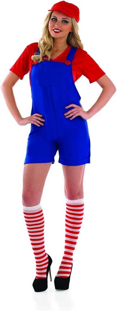fun shack Adult Womens Red Plumber Costume, Gaming Costume, 80's Halloween Costume (Large)