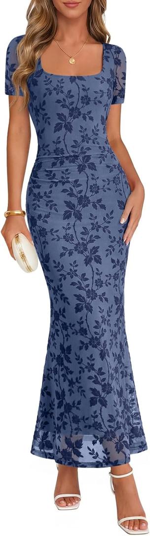 MEROKEETY Women Summer Floral Bodycon Maxi Dress 2026 Spring Wedding Guest Square Neck Short Sleeve Mesh Cocktail Party Dress (Large, Dusty Blue)