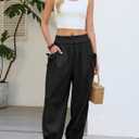 Dokotoo Women Linen Wide Leg Pants Casual Elastic Waist Lounge Palazzo Harem Pants with Pockets M