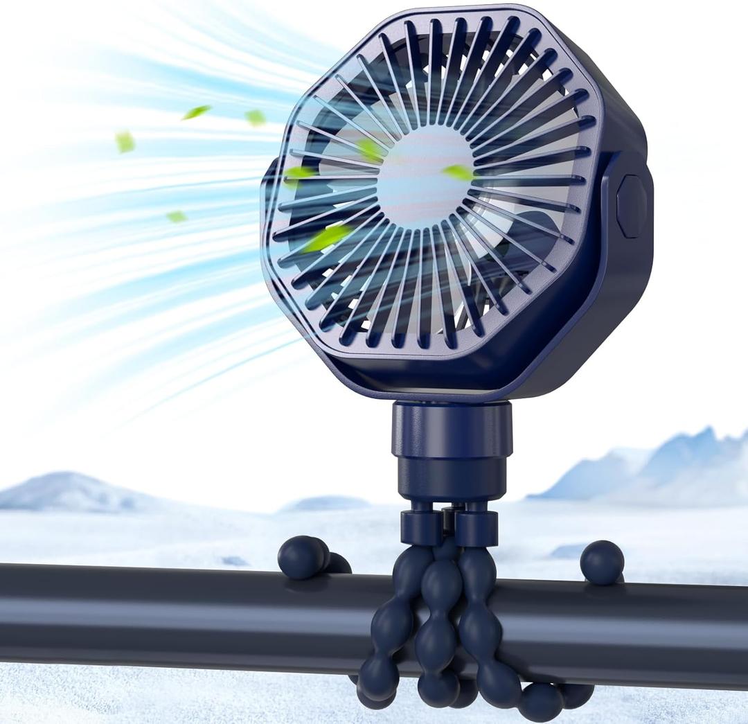 Lerat Portable Stroller Fan with Flexible Tripod, 3 Speeds Rechargeable Handheld Personal Fan, 360Rotate Battery Operated Clip for Car Seat Crib Bike Treadmill Blue
