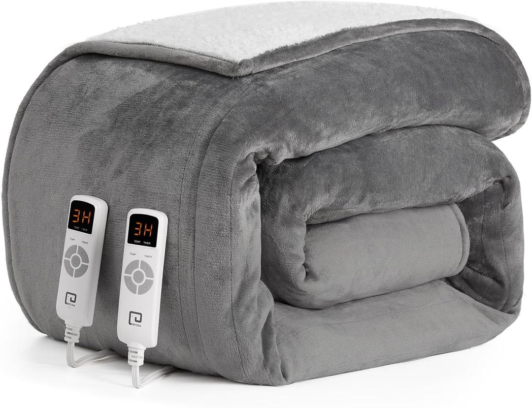 EHEYCIGA Heated Blanket Electric Blanket Queen Size - Heating Blanket with 9 Heating Levels & 10 Hours Auto Off, Soft Cozy Sherpa Washable Dual Control Blanket with Fast Heating, 84 x 90 Inches (Grey)