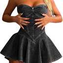 DINGANG Womens Y2K Strapless Denim Mini Dress Off Shoulder Corset Tube Pleated Ruffle Party Jean Dresses (Small, Black)