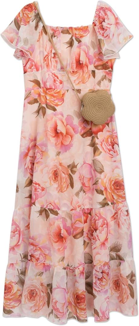 Speechless Girls' Flutter Sleeve Floral Printed Chiffon Maxi Dress (16, Coralpink)