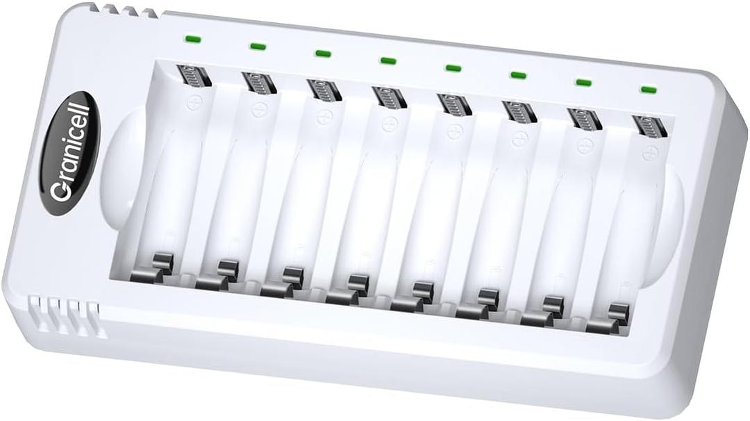 Granicell 8 Bay AA and AAA Battery Charger, Independent Slot,USB High-Speed Charging, for Ni-MH/Ni-CD Rechargeable Batteries, Adapter-Free