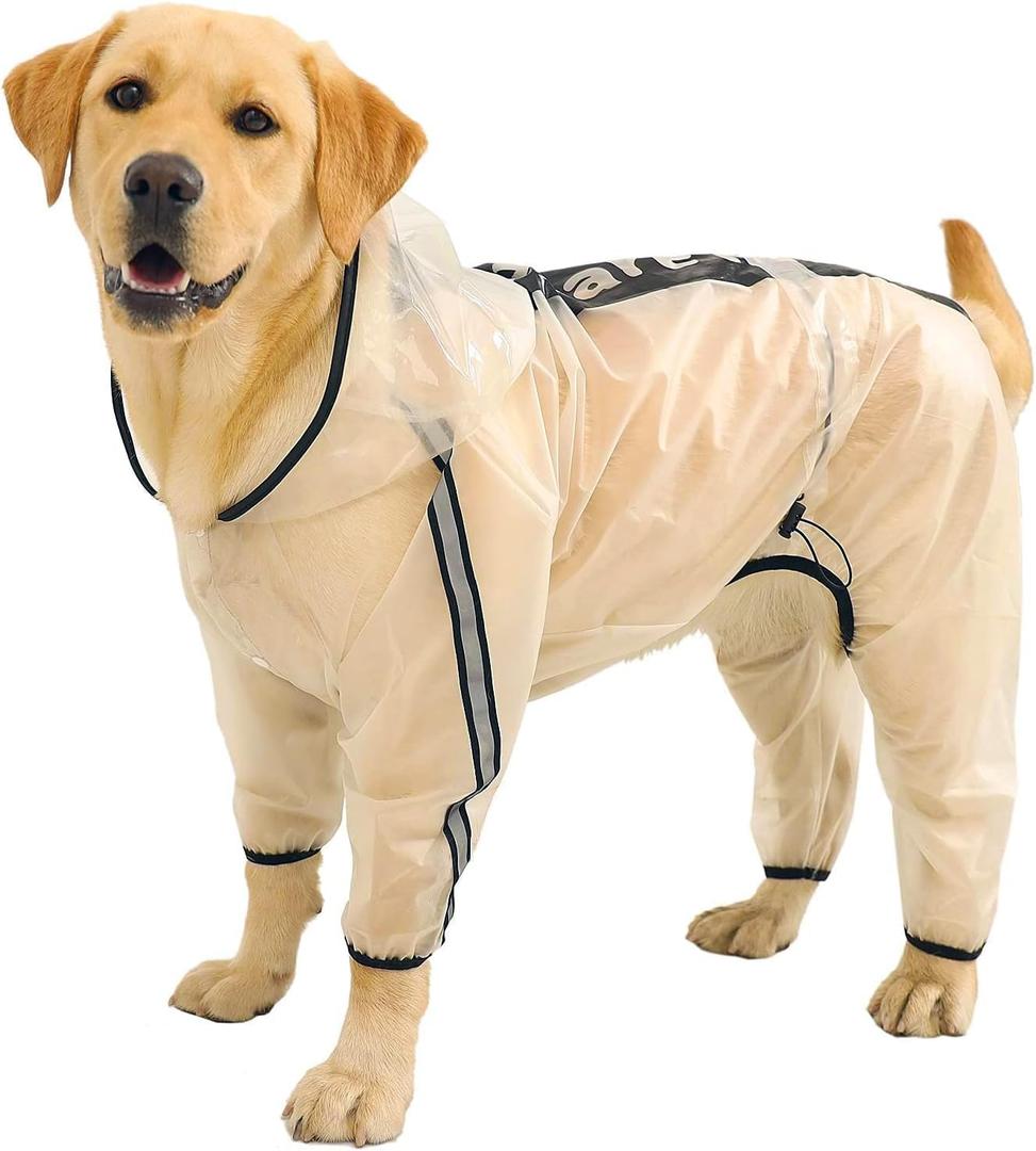 Olsa Dog Raincoat, Dog Hooded Slicker Poncho, 4 Legs Rain Jacket with Reflective Stripe, Transparent Water Proof Resistant Rain Snow Clothes for Small Medium Large (White, M)