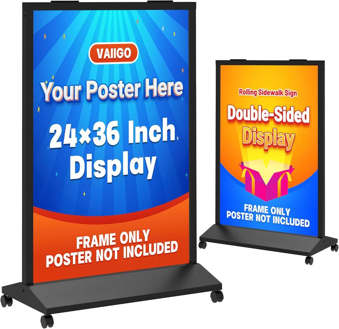 Heavy Duty Rolling Sidewalk Sign 24x36 Inch - Double-Sided Sandwich Board Poster Stand with Wheels, Slide-in Floor Standing Sign Holder Stand for Outdoor Business Advertising (Frame only)