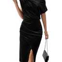 SweatyRocks Women's Off The Shoulder Asymmetrical Velvet Midi Dress Short Sleeve Ruched Elegant Party Dresses Black XL