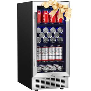AAOBOSI 15 Inch Beverage Refrigerator, Under Counter Beverage Cooler with Glass Door, 110 Cans Small Drink Fridge Built-in or Freestanding, Low Noise, Digital Control Panel, Adjustable Shelves