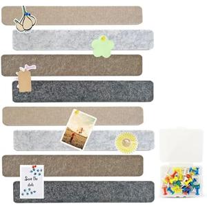 8 Pcs Black Brown Gray Felt Pin Board Bar Strips Bulletin Board ，Self-Adhesive Bulletin Board Bar Strips，Cork Boards for Walls with 35 Pushpins, for Paste Notes, Photos, Office Home Classroom