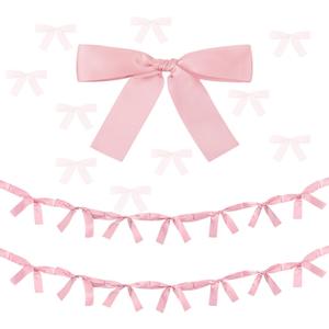 2 Pcs Pink Bow Garland Banner Decoration 16.4 ft Bow Party Decorations for Girls Pink Bows Ribbon Banner Bows Birthday Baby Shower Decorations Coquette Bridal Shower Party Supplies