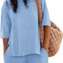 COCCKO Womens Shorts Sets 2 Piece Outfits Summer 2025 Half Sleeve Crew Neck Cotton Lounge Sets Matching Clothing, Large Size