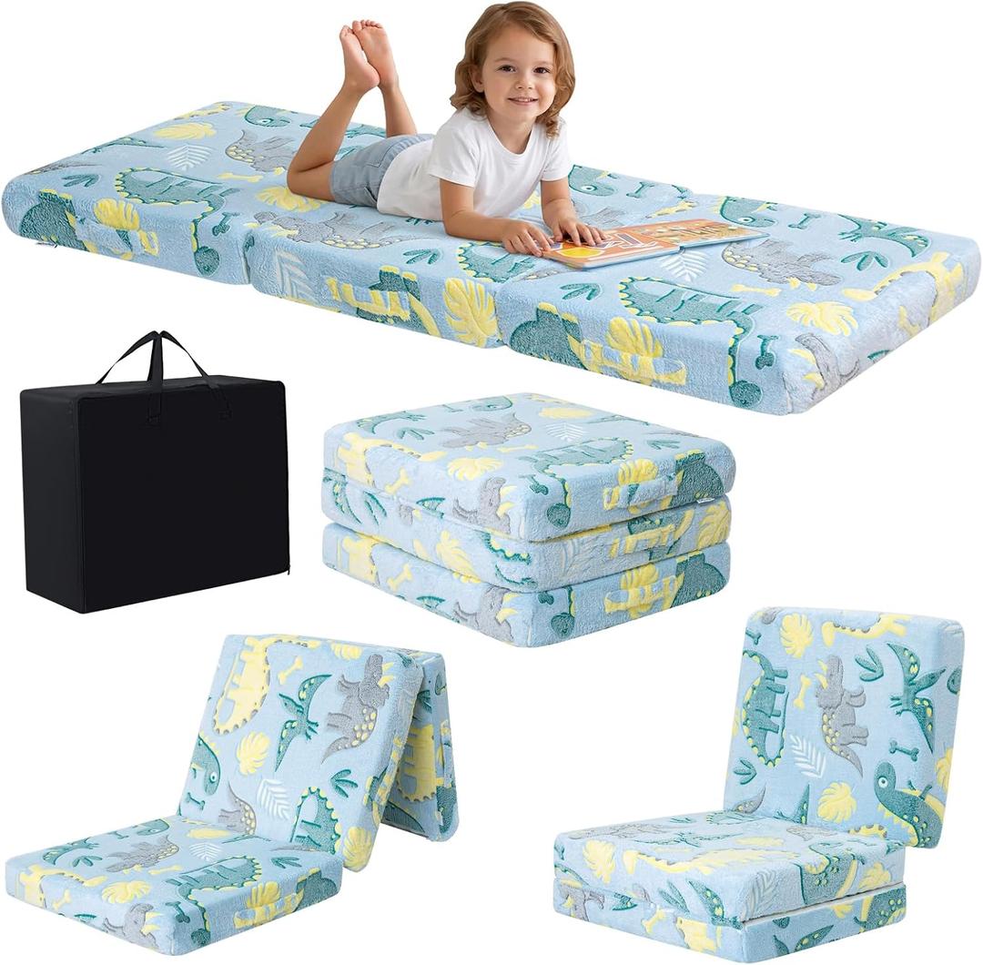 MeMoreCool Foldable Floor Mattress for Kids, Glow Dinosaur Trifold Nap Mat for Toddlers, Portable Sleeping Futon for Daycare or Floor Bed, 57x22x3 Inch