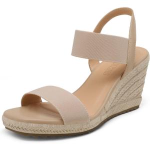 DREAM PAIRS Womens Open Toe Espadrilles Dressy Platform Sandals Slip on Elastic Ankle Strap Wedges Sandals (9.5, Nude)