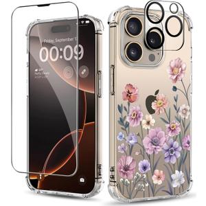 for iPhone 16 Pro Case,[3 in 1] with Screen Protector & Camera Lens Protector, Flower Pattern Design,Clear Soft Shockproof Slim Floral Phone Cover for Women Girls 2024 6.3" (Floratopia/Colorful)