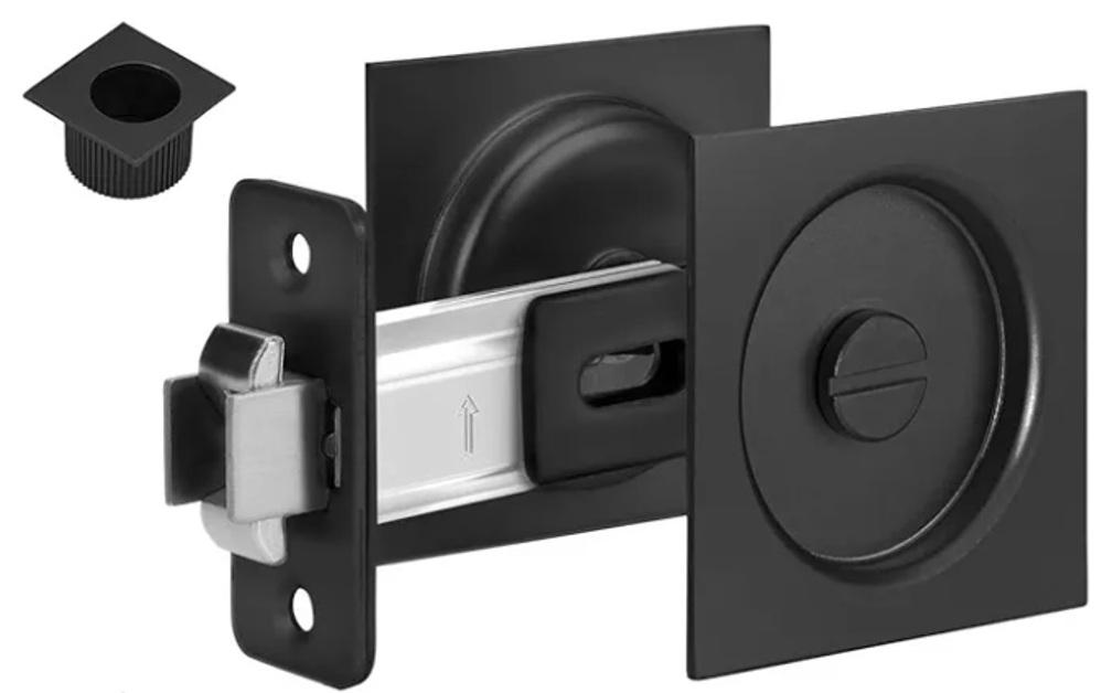 goldenwarm Black Pocket Door Lock with Finger Pull, 2 3/4 Inch Non-Adjustable Latch Square Pocket Door Hardware, Matte Black Sliding Pocket Door Privacy Lock 1 Pack