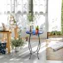 Arbuxzuy 12 Inch Small Outdoor Side Table with Blue-White Mosaic, Glass Mosaic Patio Table Indoor, Round Plant Coffee Table for Living Room, Balcony, Garden