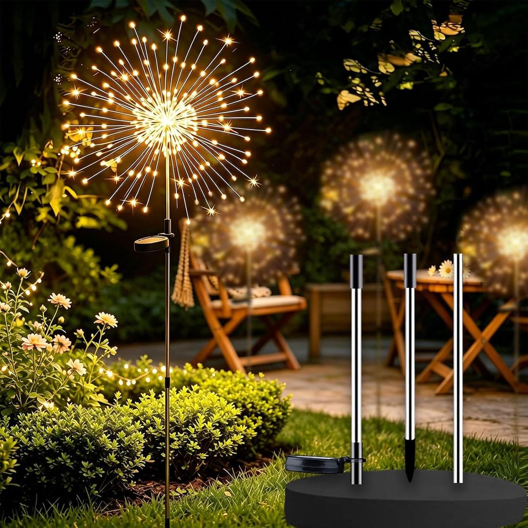 Solar Firework Lights Outdoor, 200 LED Starburst Garden Lights, Adjustable Height 2/3-Rod up to 51in, Stainless Steel, 2 Lighting Modes, IP65 Waterproof Pathway Light for Yard Patio Lawn