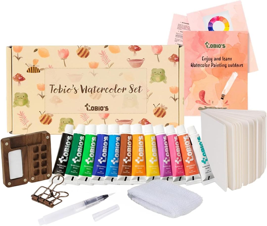 Original Tobios Mini Wooden Watercolor Paint Set  Compact Travel Art Kit with 12 Colors, Refillable Brush & Sketchbook  Unique Creative Gift for Birthdays, Holidays & Art Lovers