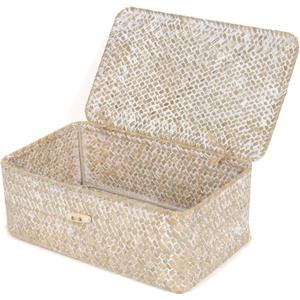 FEIALNDUO Wicker Shelf Baskets with Lid,Seagrass Storage Basket Bins Rectangular Handwoven Basket Boxes for Shelves Desktop Home Organizer (Whitewash, Small)