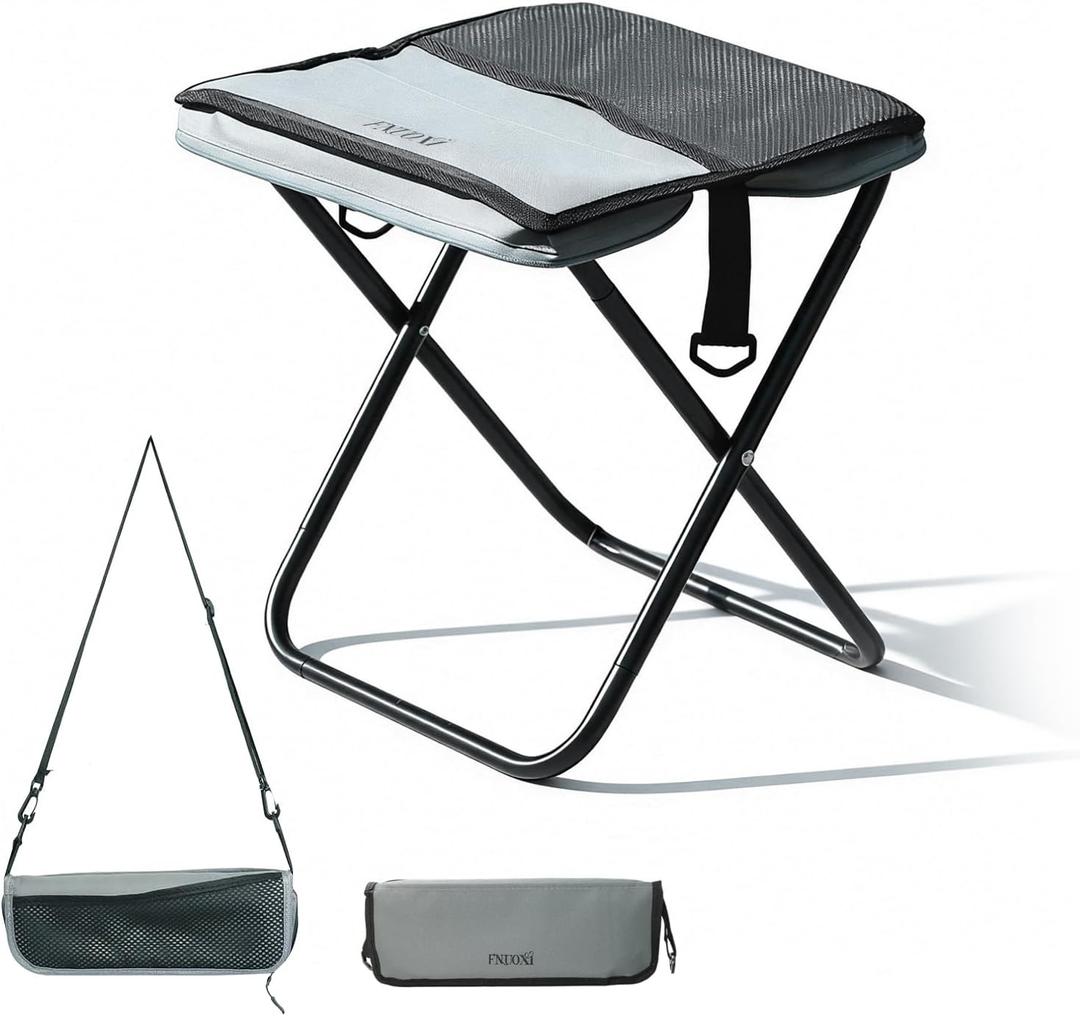 2-in-1 Portable Folding Stool with Crossbody Carry, Converts to Bag with Mesh Storage, Oxford Fabric High-Carbon Steel, for Camping Fishing, Large Size 24x30x30cm, Gray Color (Grey)