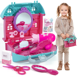 Portable Pretend Play Salon Set for Girls, Kids Hair Stylist Toy Kit with Hairdryer, Mirror & Fun Accessories Perfect Makeup 3+Year Old Girls Gift (Dresser)