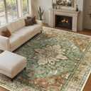 Area Rugs 9'x12' Washable Non-Slip, Floral Vintage Distress Print Pattern Medallion Carpet for Living Room Bedroom Dining Room, Brick Red Rust Neutral Brown Burnt Orange Green