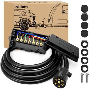 Nilight Heavy Duty 7 Way Inline Trailer Plug 8 Feet Connector Cable 7Pin RV Round Extension Wiring Harness Weatherproof Junction Box for RV Towing Car