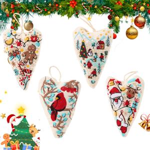 2 x 4Pcs DIY Heart Shaped Hand Embroidered Christmas Ornament Kit,2026 New Embroidery Christmas Ornament Kits,Handmade Tree Decoration,Beginner Friendly Cross Stitch Craft Set for Tree Winter Decoration