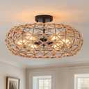 6-Light Large Coastal Boho Woven Flush Mount Ceiling Light Fixture 20 inch Handmade Hemp Rope Round Cage Semi Flush Mount Ceiling Light for Hallway Entry Farmhouse Bedroom Living Room Beach, Black