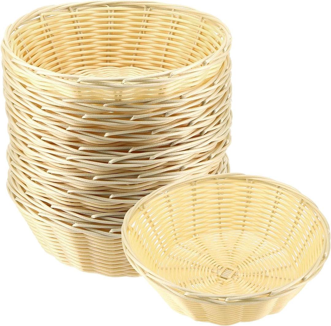 20 Pack Wicker Bread Basket, 7.8 Inch Handwoven Round Plastic Wicker Bread Baskets Bulk Small Food Serving Baskets for Kitchen, Bakery, Party and Christmas, Beige