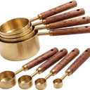 Gold Measuring Cups and Spoons Set 8 Piece, Stainless Steel with Natural Wooden Handles, 4 Cups and 4 Spoons, Engraved mL and Cup/tsp Measurements, Nesting Design for Cooking and Baking