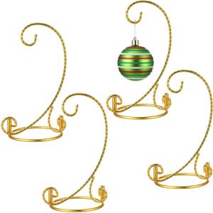 4 Pcs Ornament Display Stands, 7.3 Inch Gold Iron Hanging Stand Rack Holder for Christmas Halloween Decoration, Glass Ball Holder for Hanging Plant Home