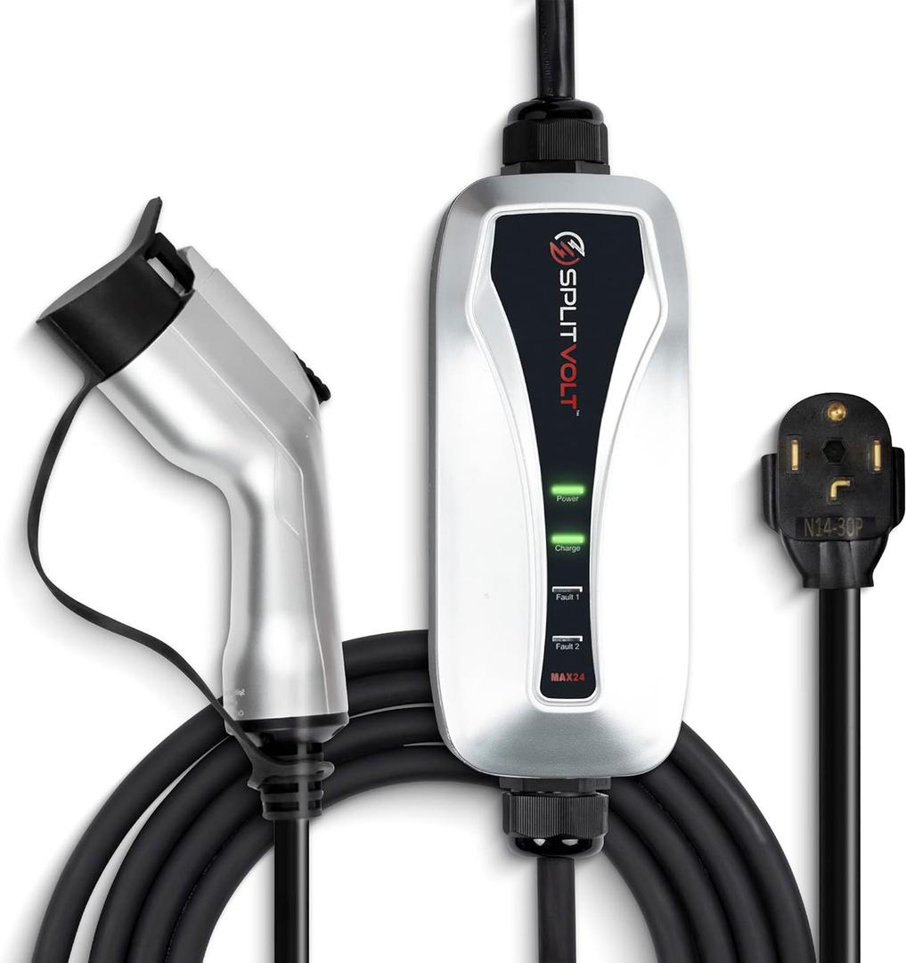 Splitvolt NEMA 14-30 Level 2 EV Charger 24 Amp, 220-240 Volt, 26ft Cable, Electric Vehicle Charger Plug-in EV Charging Station with J1772 Plug, Fastest 30 Amp Circuit NEC-Safe Charging
