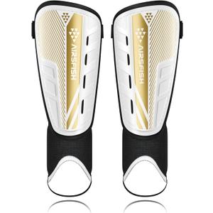 Upgraded Soccer Shin Guards for Kids Youth Adults, CE Certified AirsFish Shin Guard Sleeves Protection Gear for Boys Girls Soccer Games EVA Cushion Reduce Shocks and Injuries (S Plus, White+Gold)