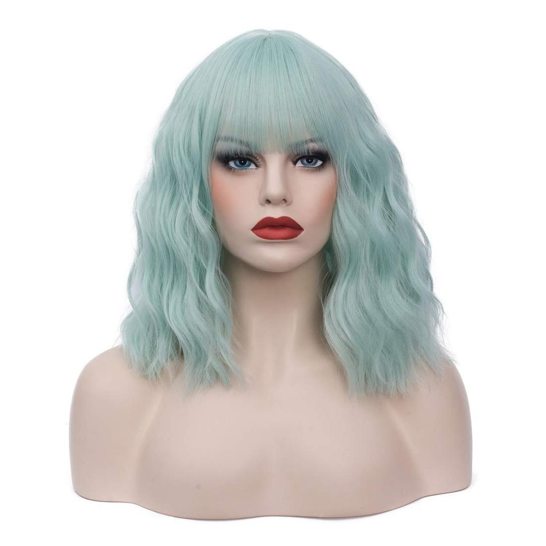 14" Short Wavy Curly Wig Mint Green Wigs For Women Natural Cosplay Halloween Wigs Heat Resistant Fun Party Wig Include Wig Cap (Mint Green, 14 inch)