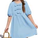 Yousify Teens Casual Dresses Short Sleeve Shirt Sundresses Elegant Bow tie Mini Dress Trendy Cut Blouse Dress Blue 150