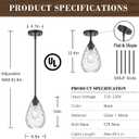 Black Pendant Lights Kitchen Island 2 Pack, Modern Glass Pendant Light Fixtures with Hammered Glass and Rods, Adjustable Small Hanging Light for Kitchen Sink Dining Room Bathroom, Black + Clear Glass, 1-Light, Single, 2