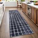 Runner Rug 2x6 Non-Slip Washable Low-Pile - Checkered Braided Geometric Print for Kitchen Bathroom Hallway Entryway Indoor Blue