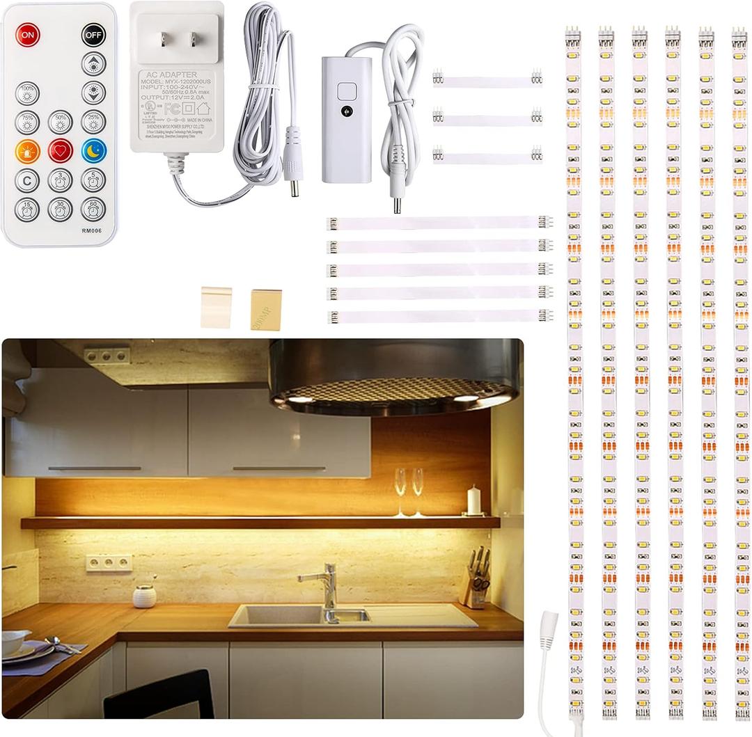 WOBANE Under Cabinet LED Lighting Kit, 6 PCS Dimmable LED Strip Lights with Remote Control Dimmer, 24W Adapter, Hidden 2700K Warm White Set, Bright 1500lm, Timing, Kitchen, Counter, Shelf, Showcase, 6*20inch
