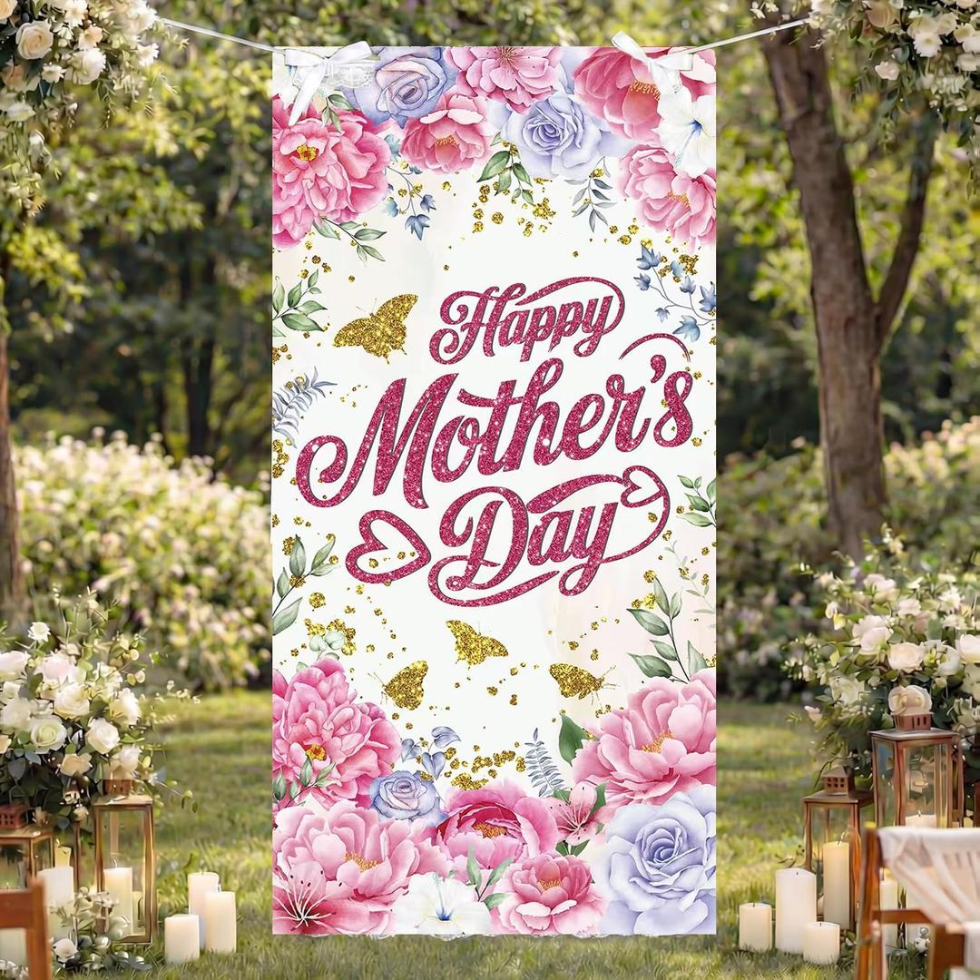Mothers Day Decorations Banner Mother’s Day Door Cover Best Mom Flower Backdrop Mom Day Gifts Happy Mothers Day Party Supplies Indoor Outdoor for Home 35in x 71in